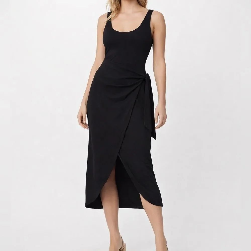 Reformation Black Wrap Midi Dress Tie Waist Sustainable Lyocell Stretch Size S